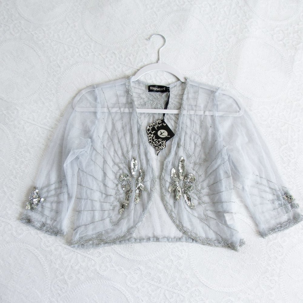 Vintage Silver Sheer Mesh Sequined Cardigan Cropped 90s Y2K